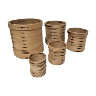 Five cylindrical boxes solid wood patinated vintage