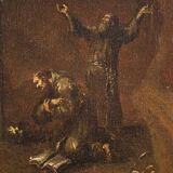 Antique Genoese painting from the 18th century, monks praying in a cave