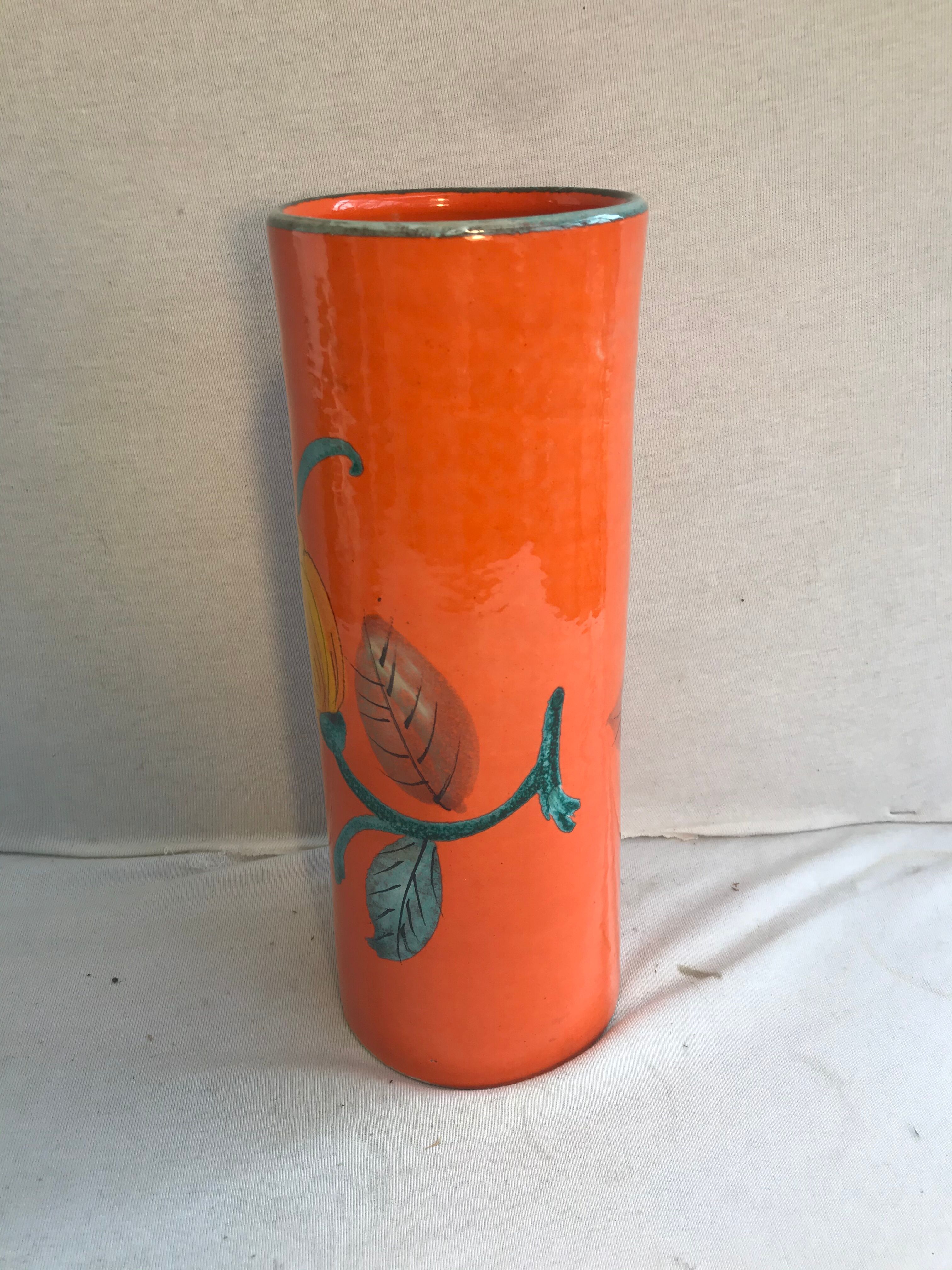Ancient orange ceramic roll vase drawing flowers made in Italy vintage