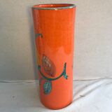Ancient orange ceramic roll vase drawing flowers made in Italy vintage