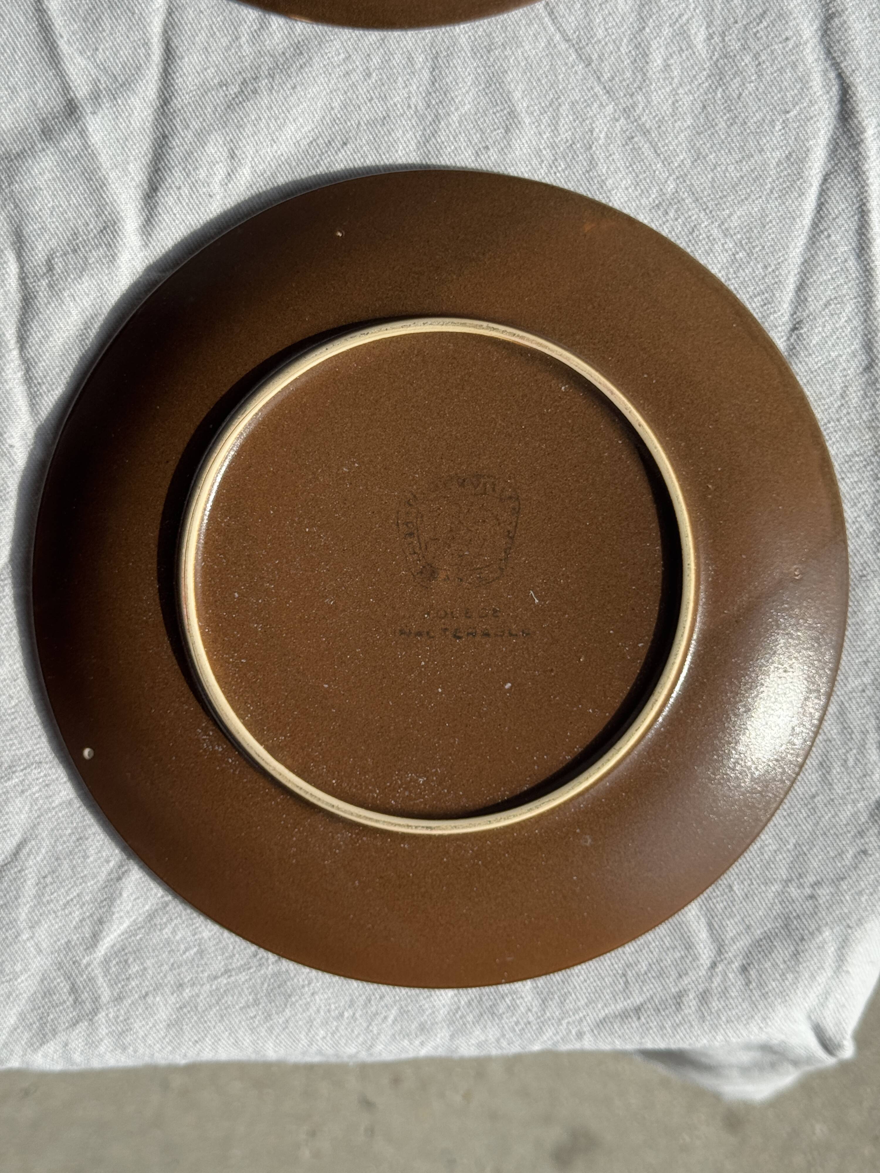 Set of 6 vintage brown stoneware dessert plates D21