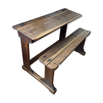 Desk, bench table or school desk 2 places in solid oak, late nineteenth century