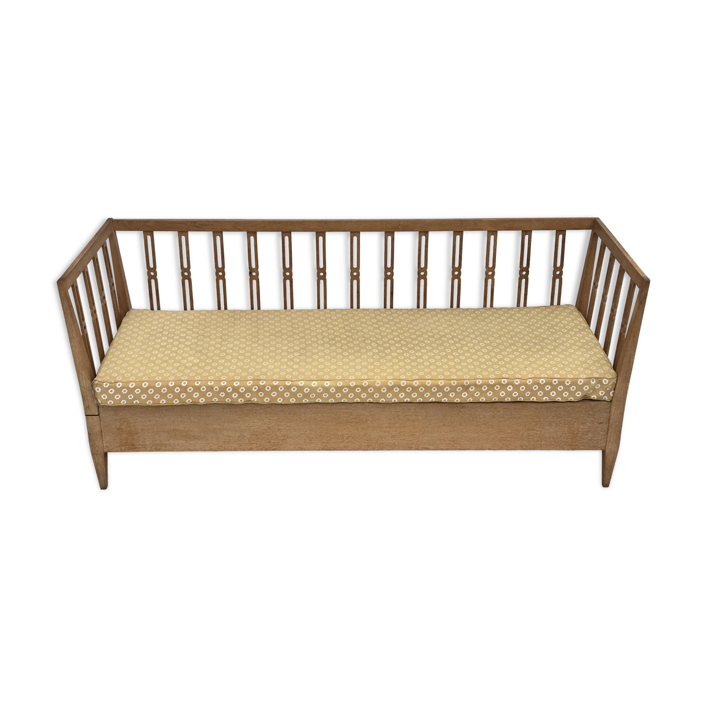 1970s, Swedish drop arm sofa/daybed, furniture fabric, oak wood.