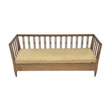 1970s, Swedish drop arm sofa/daybed, furniture fabric, oak wood.