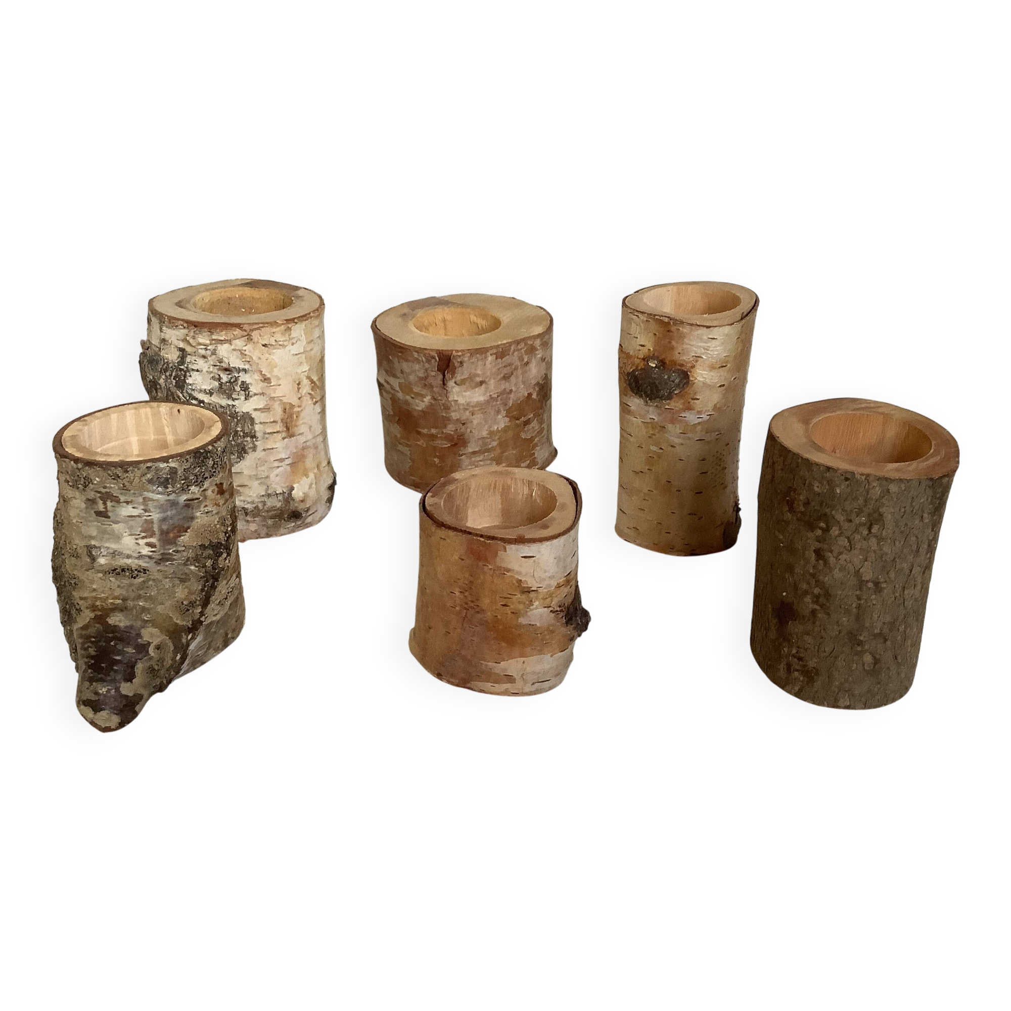 Six wooden candlesticks