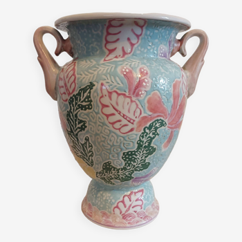 Chinese vase with green and pink flowers