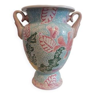 Chinese vase with green and pink flowers