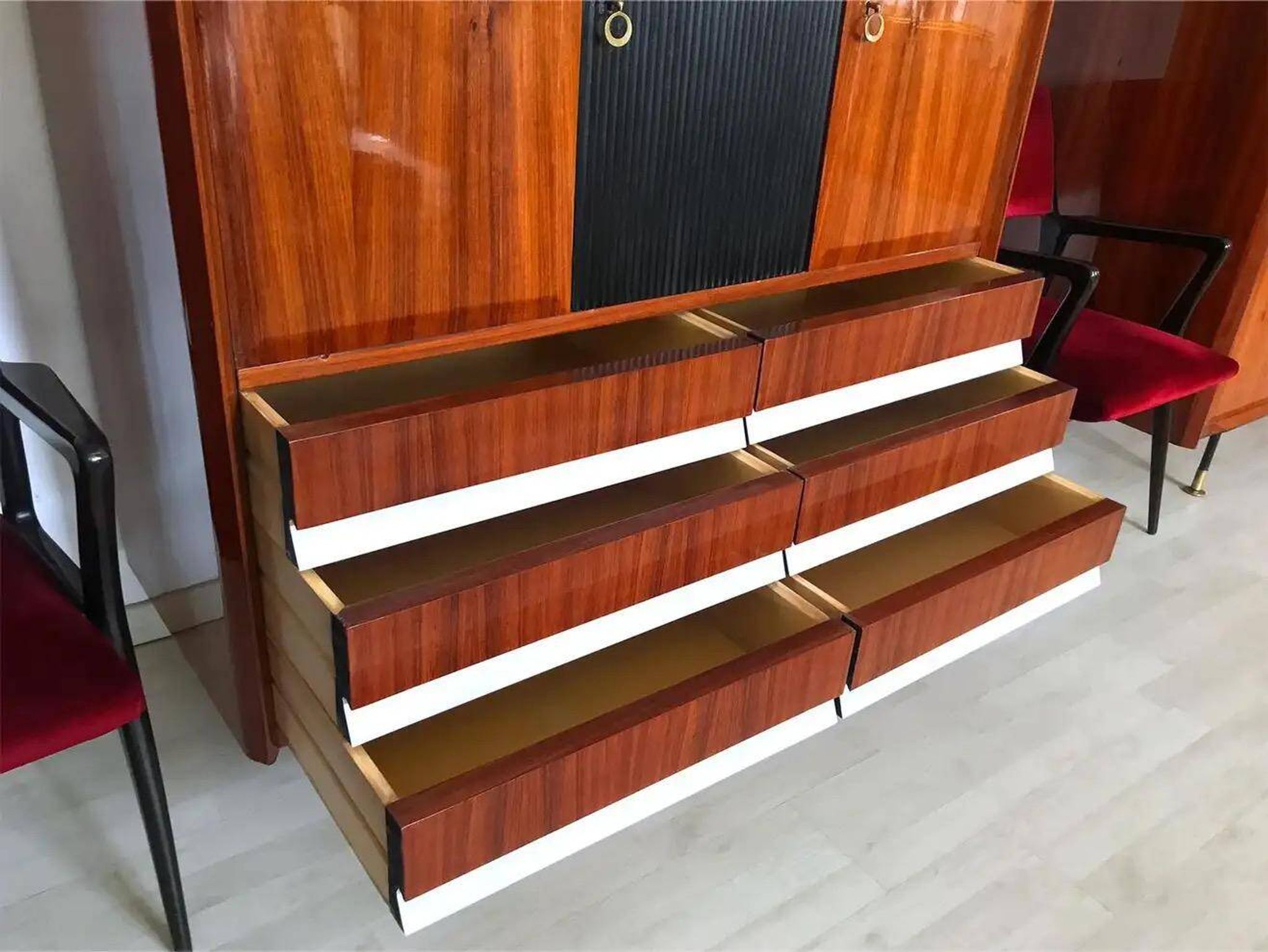 Vintage Italian Wardrobe, Walnut, Fluted Wood, Brass Feet 1950s italian