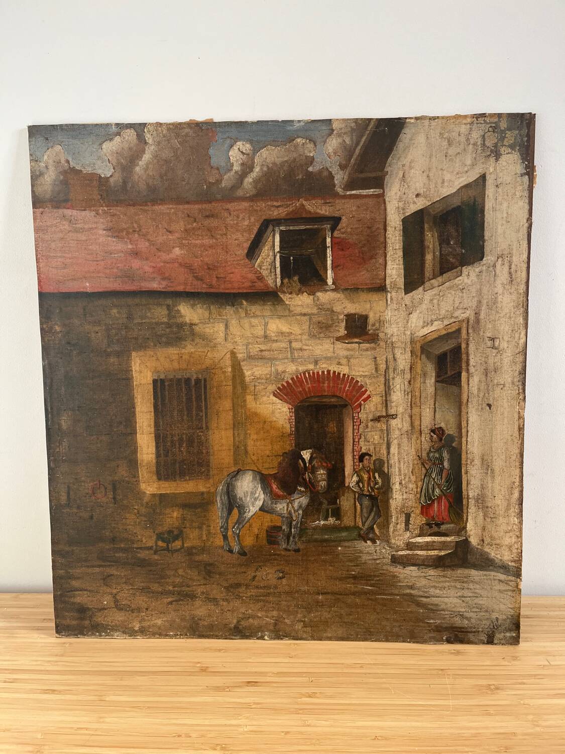 Oil on panel, "Farmyard with Horse"