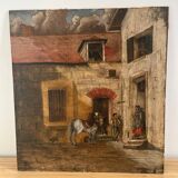 Oil on panel, "Farmyard with Horse"