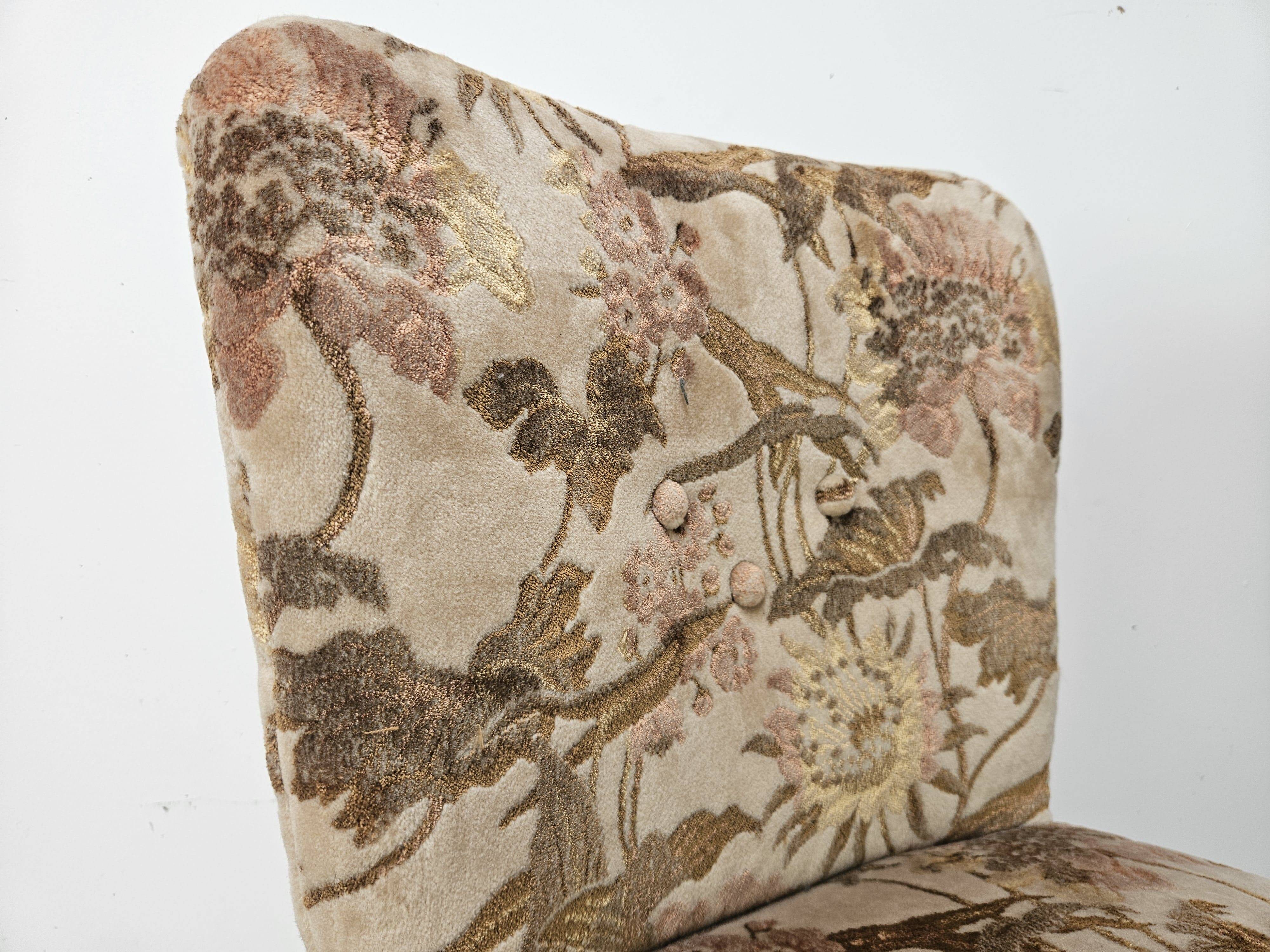Pair of bedroom armchairs in walnut and fabric, 1960
