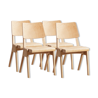 Lot of 4 chairs in solid beech, with compass feet, circa 1950