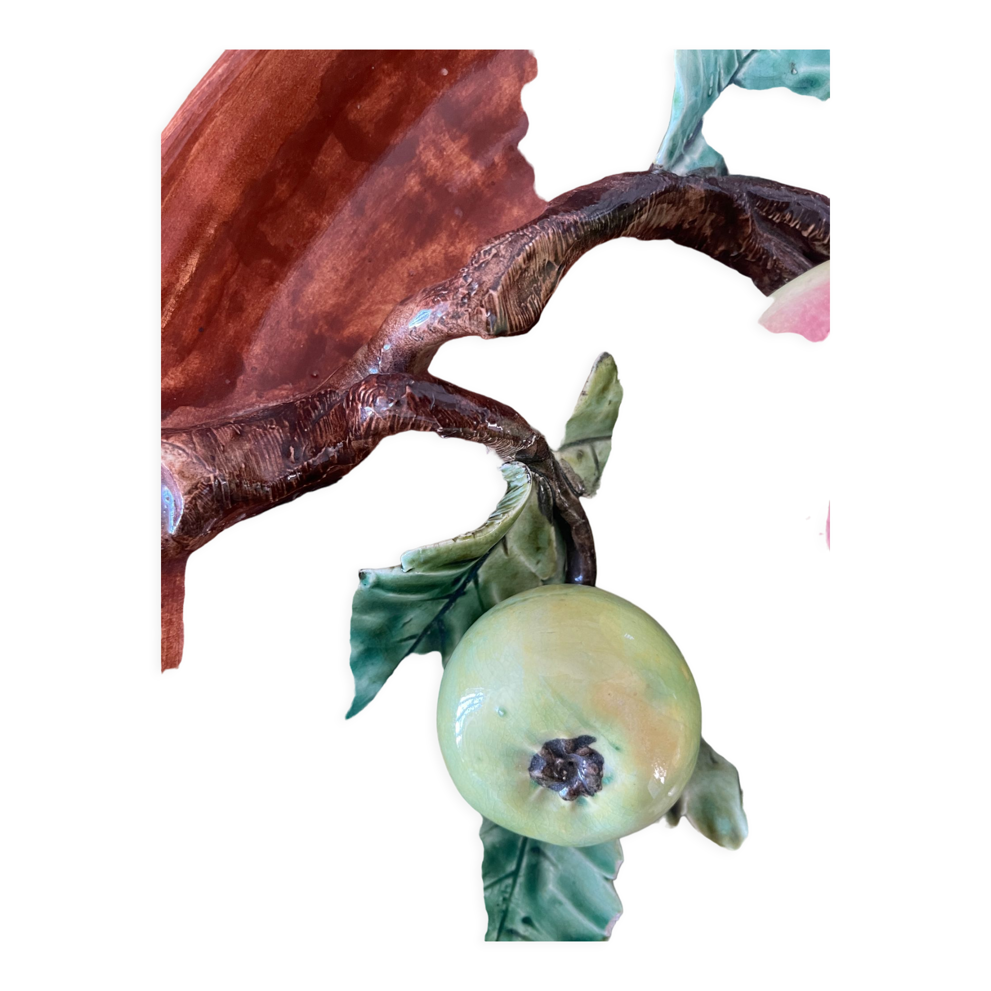 Ceramic flat polychrome slip circa 1900 decorated with apple trees