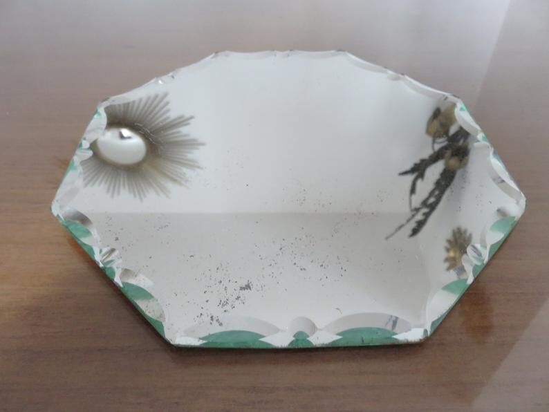 Miroir octogonal biseauté Saint Gobain années 40 50 21 cm X 21 cm