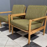 ensemble de fauteuils en tissu vert et bois années 1960