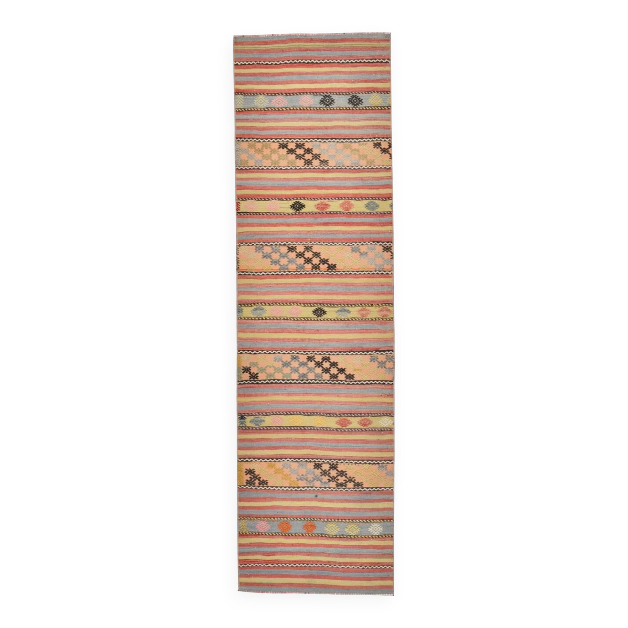 3x0 Blush Pink & Blue Striped Vintage Kilim Runner, Rugs For Bohemian Entry