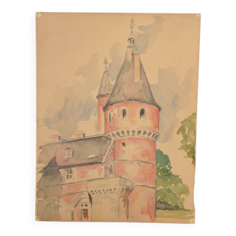 French school 20th century "The castle tower" watercolor