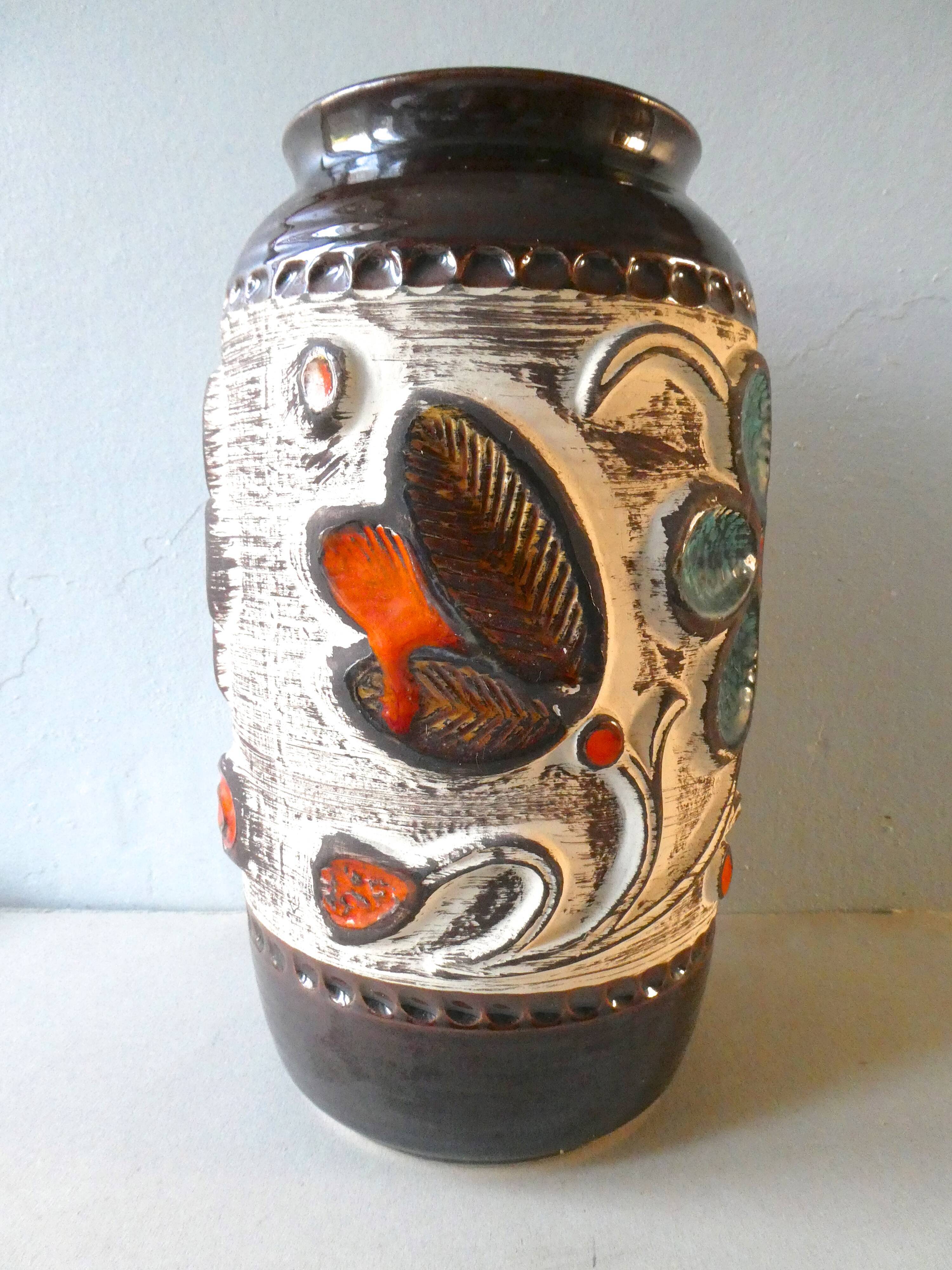 Ceramic vase decorated with flowers Bay West Germany 1970s