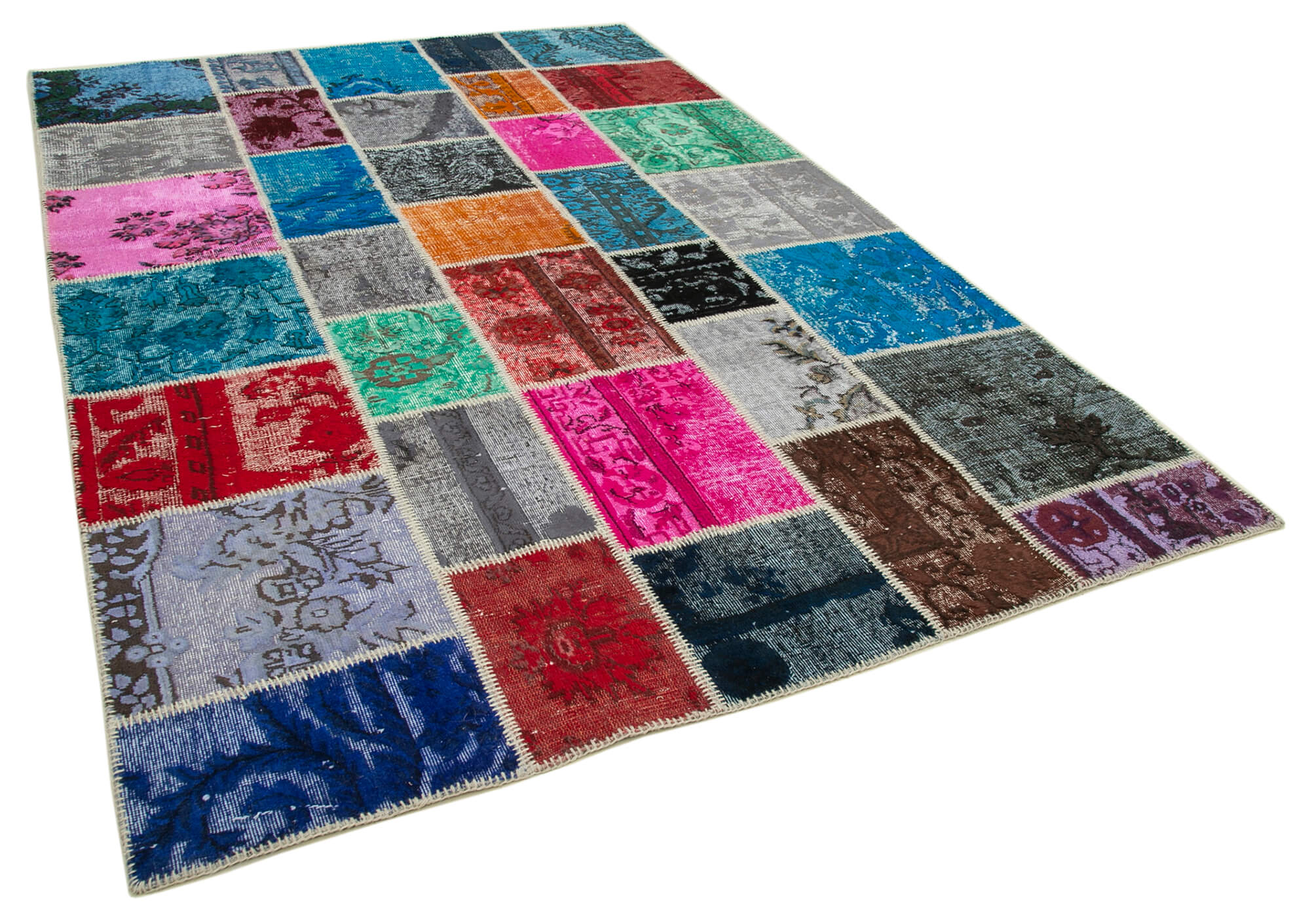 Handwoven oriental overdyed 204 cm x 304 cm multicolor patchwork rug