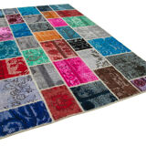 Handwoven oriental overdyed 204 cm x 304 cm multicolor patchwork rug