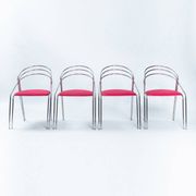 Set of Four Midcentury Italian Dining Chairs in Chrome and Pink Velvet