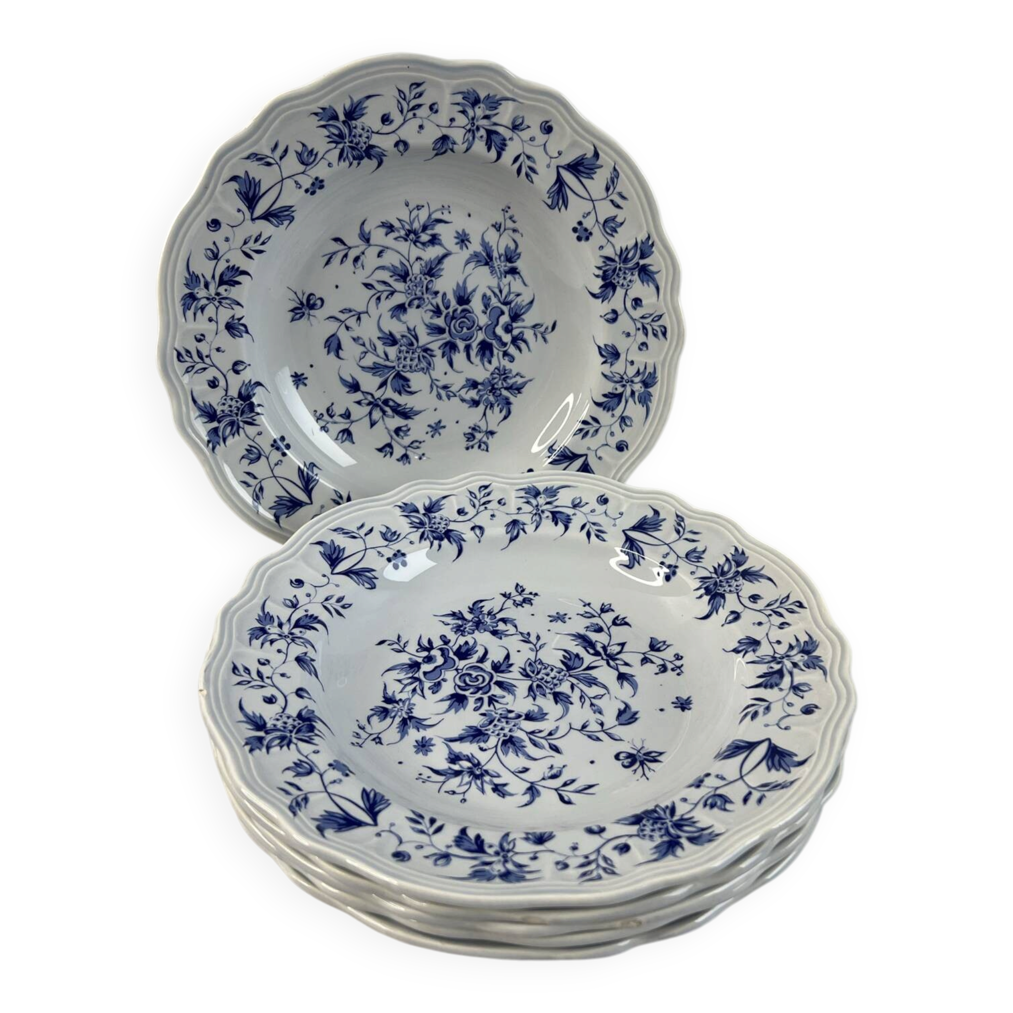 Set of 6 deep plates Salins Royal France with blue floral decoration.