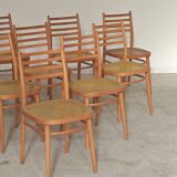 Set of 10 Bystrice tone wooden and caned chairs from the 1960s.
