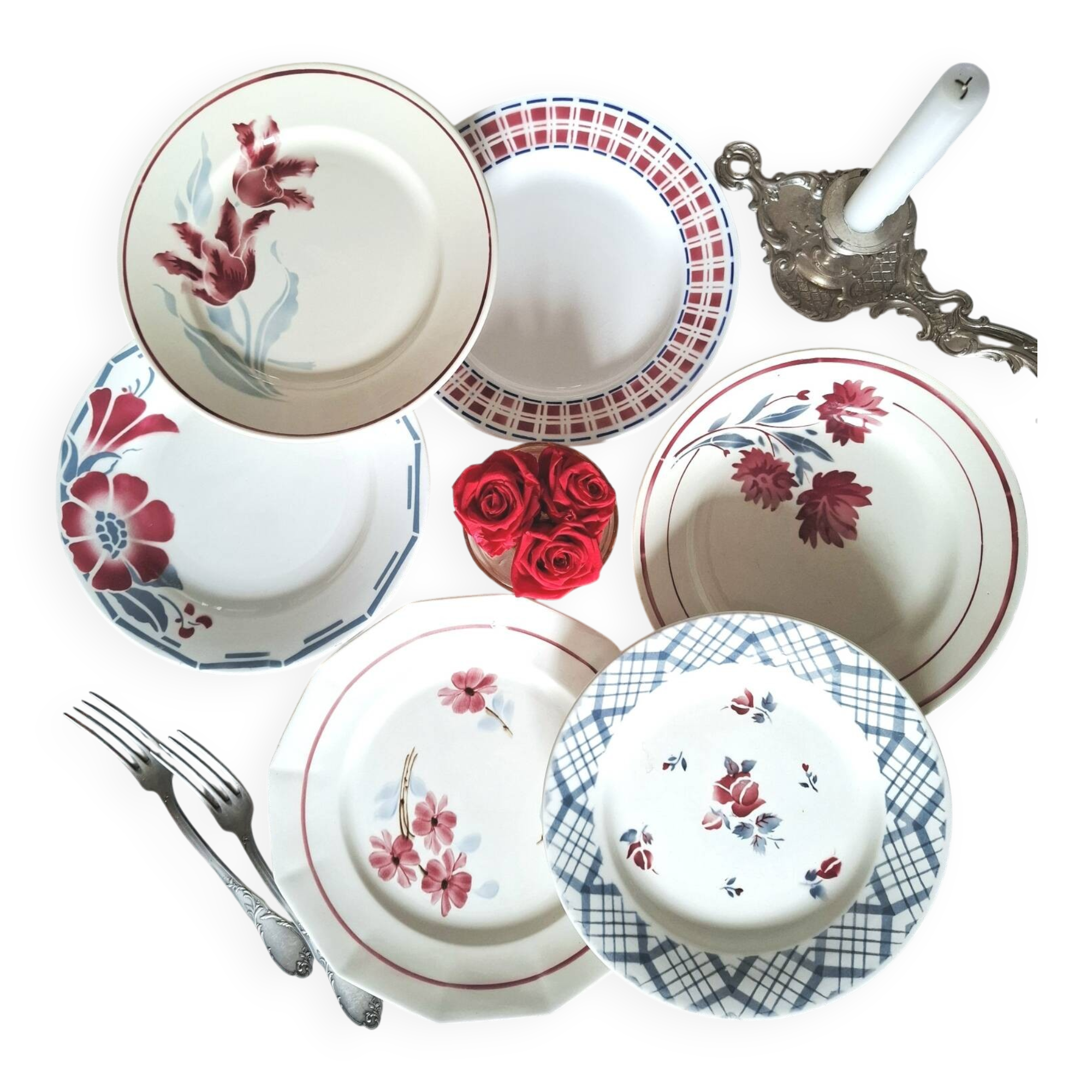 Mismatched antique earthenware dinner plates