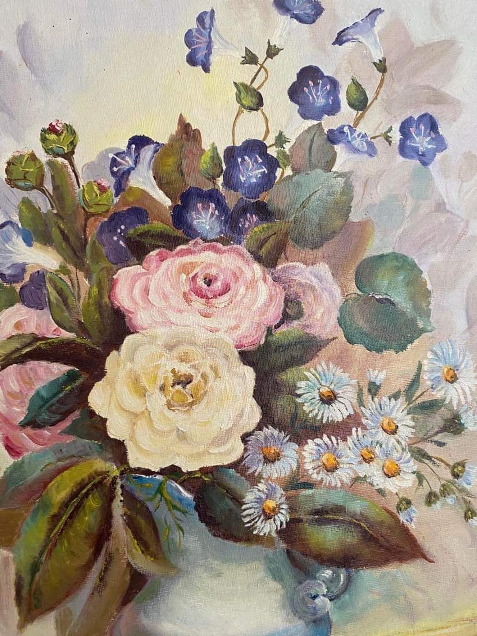 Oil painting bouquet of flowers in a vase.