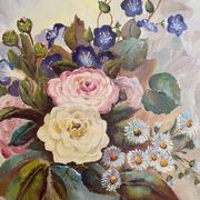 Oil painting bouquet of flowers in a vase.