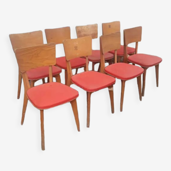 Series of 8 beech chairs monobloc circa 1960