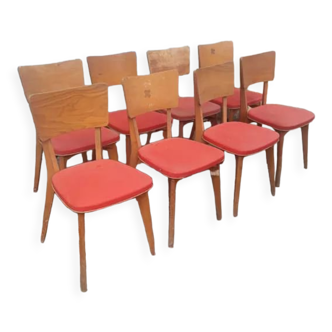 Series of 8 beech chairs monobloc circa 1960