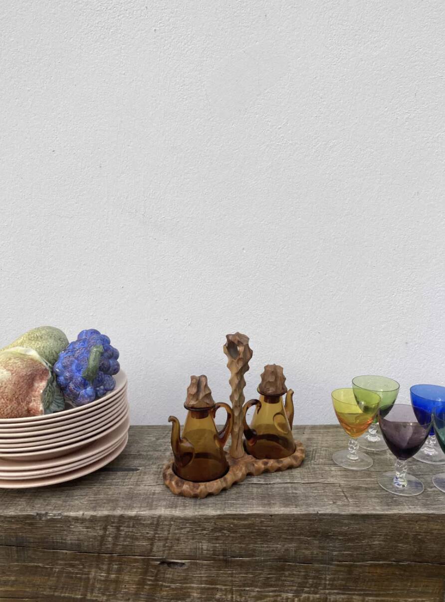 70's vinegar cruet in wood and glass