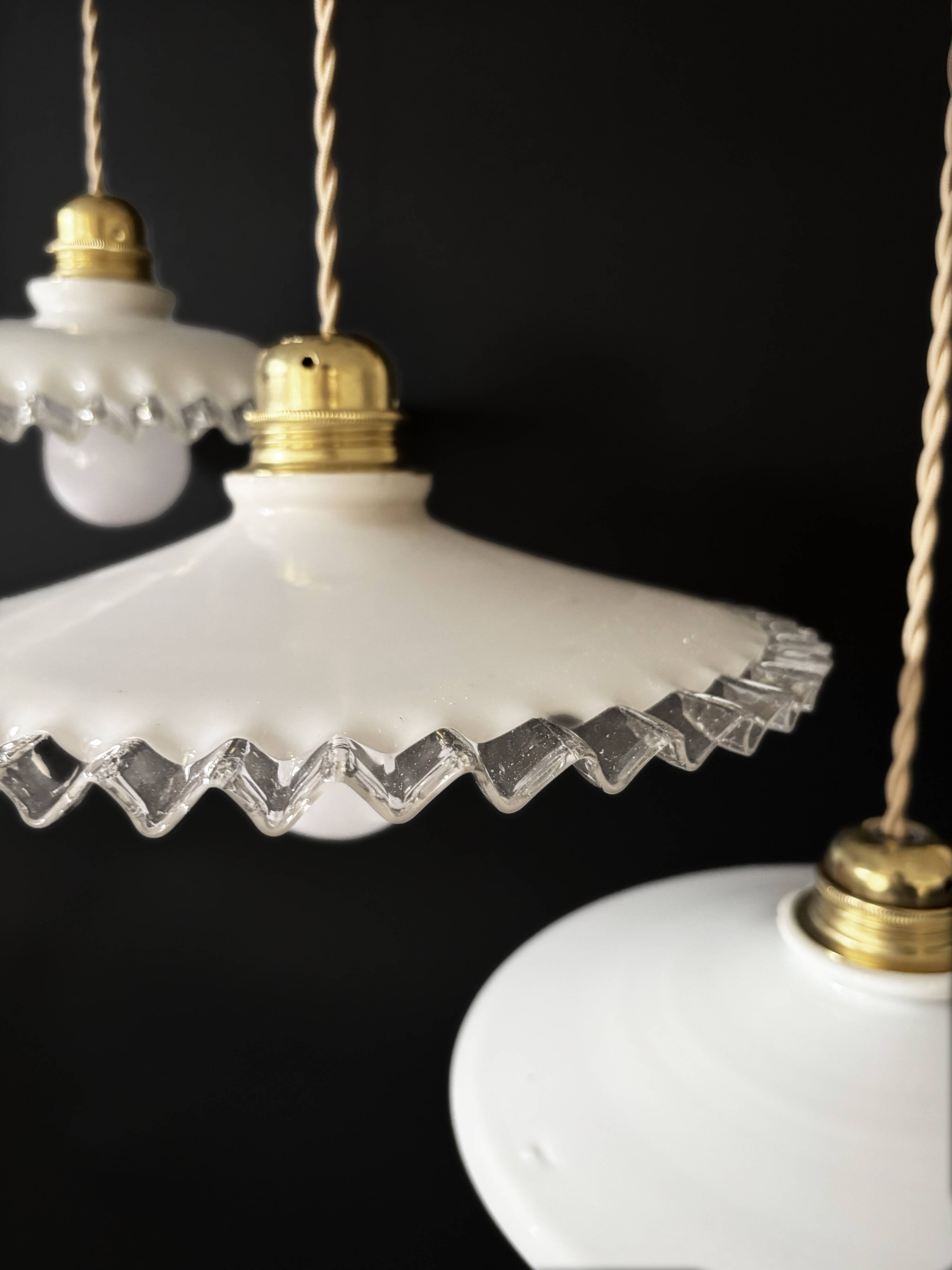 Set of 3 vintage white opaline pendants, including 2 scalloped and 1 lily.