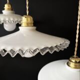 Set of 3 vintage white opaline pendants, including 2 scalloped and 1 lily.