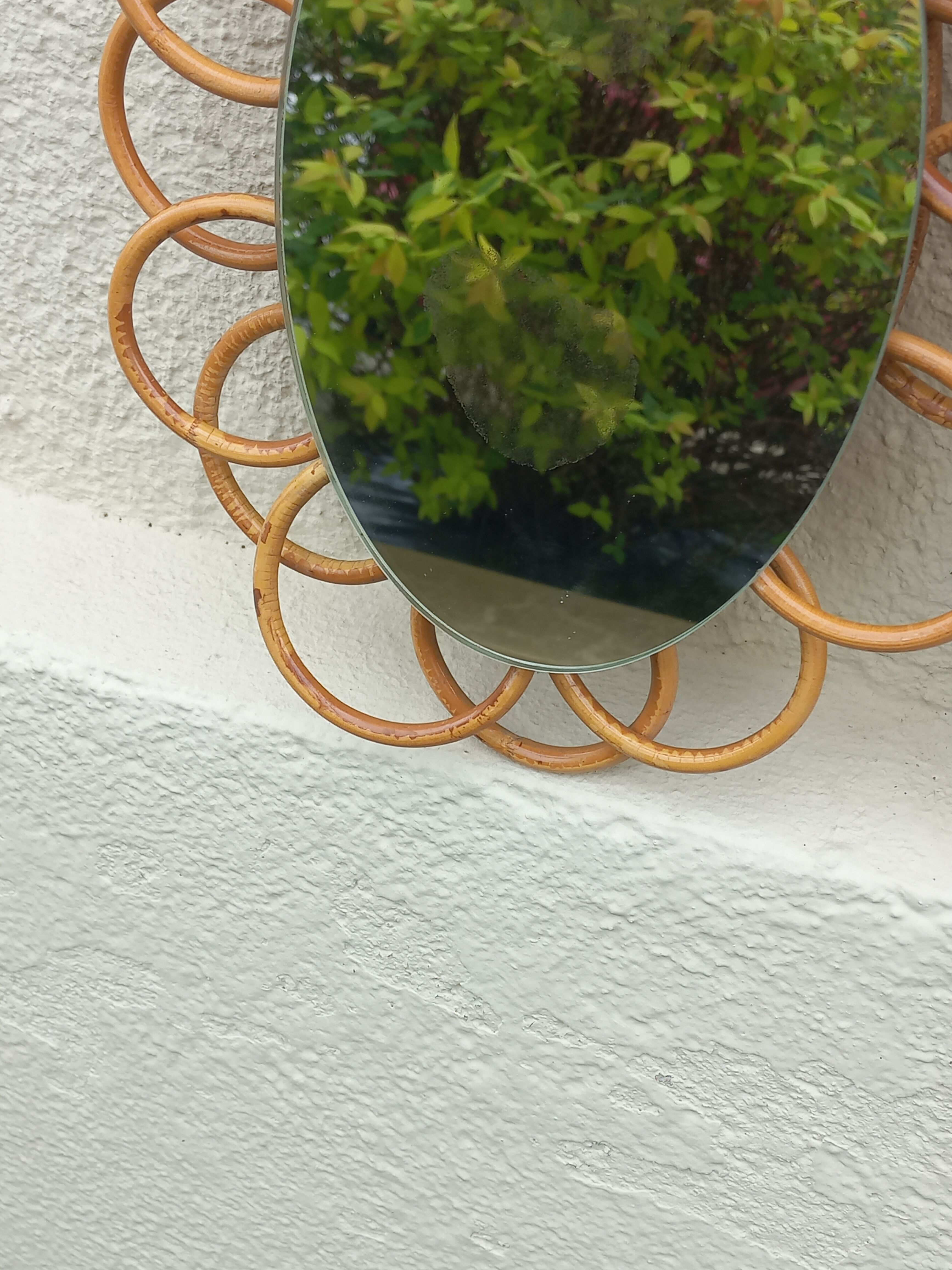 Miroir soleil ovale en rotin des années 70 25x31cm