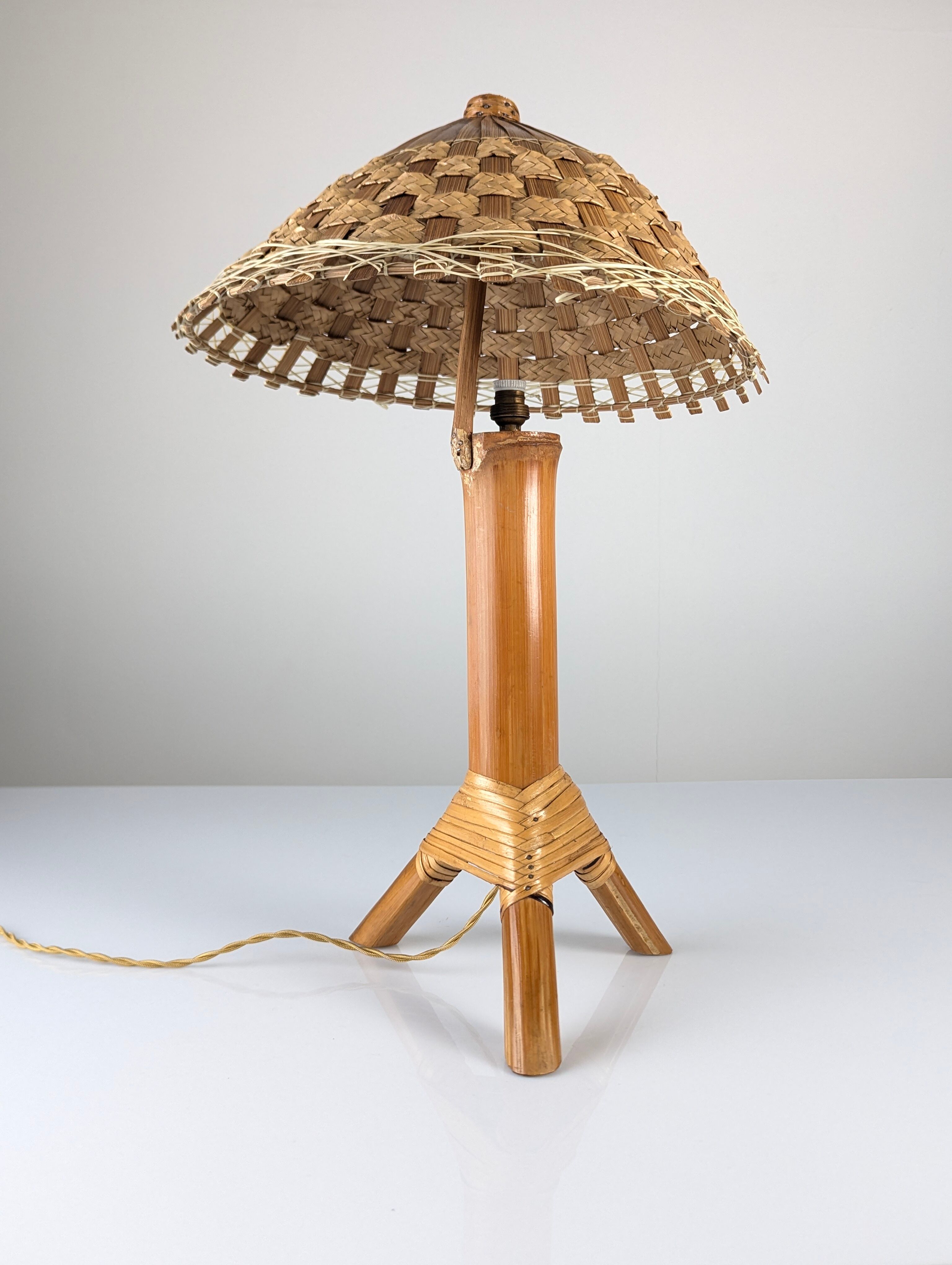 Bamboo and rattan table lamp with woven shade, 1950s