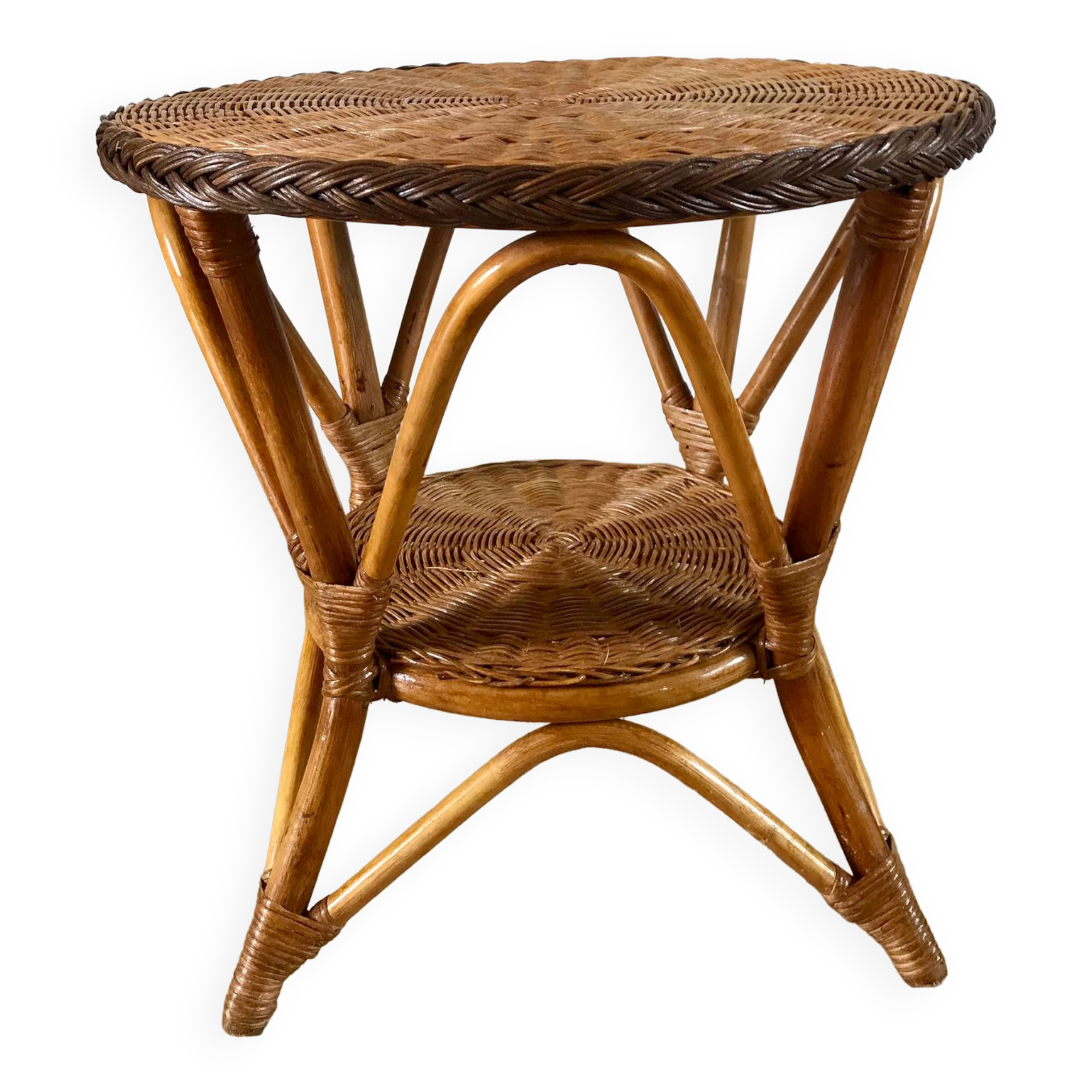 Round rattan coffee table double floor 60s