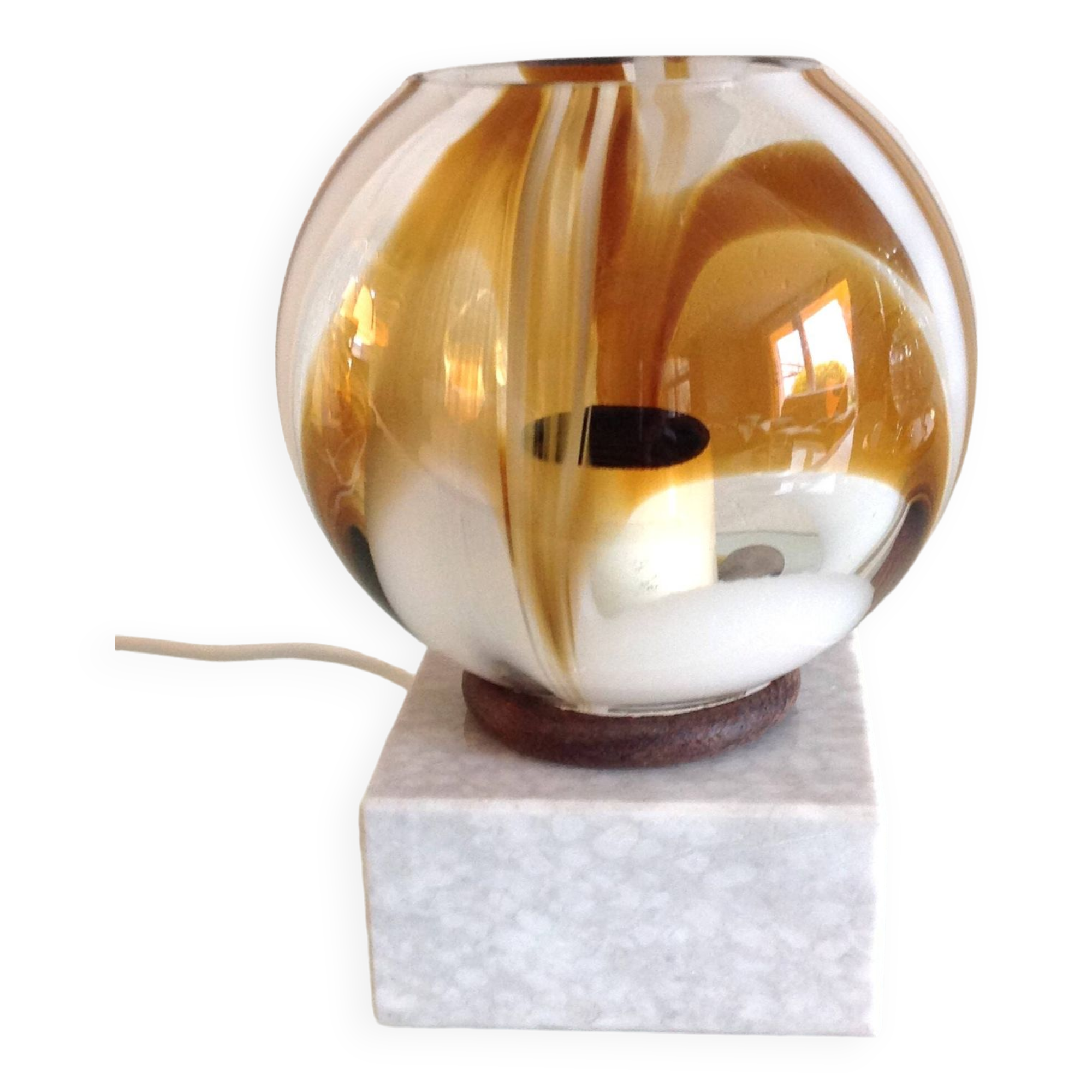 Polychrome glass globe lamp on marble base / vintage 60s-70s