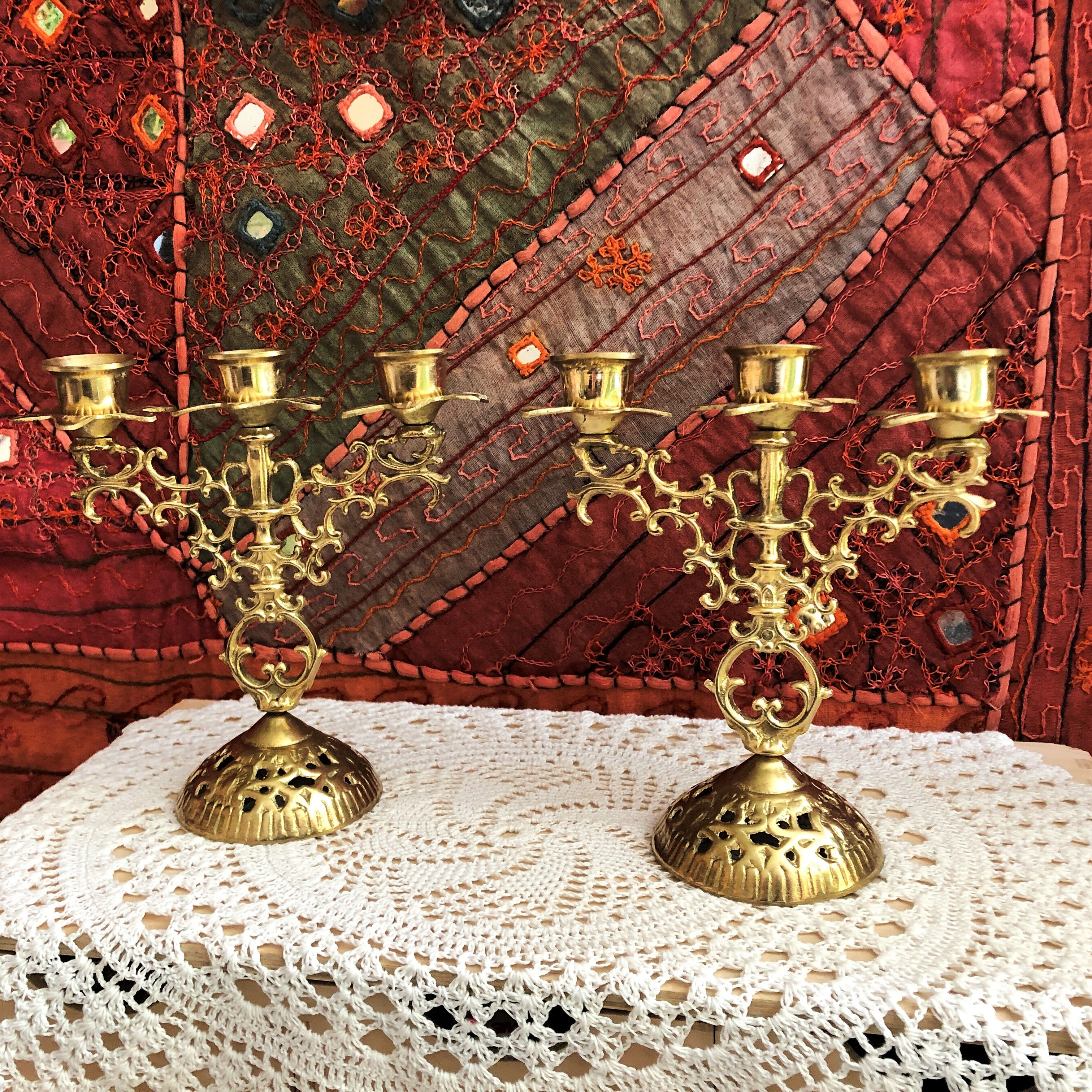 Pair of candlesticks 3 branches golden brass