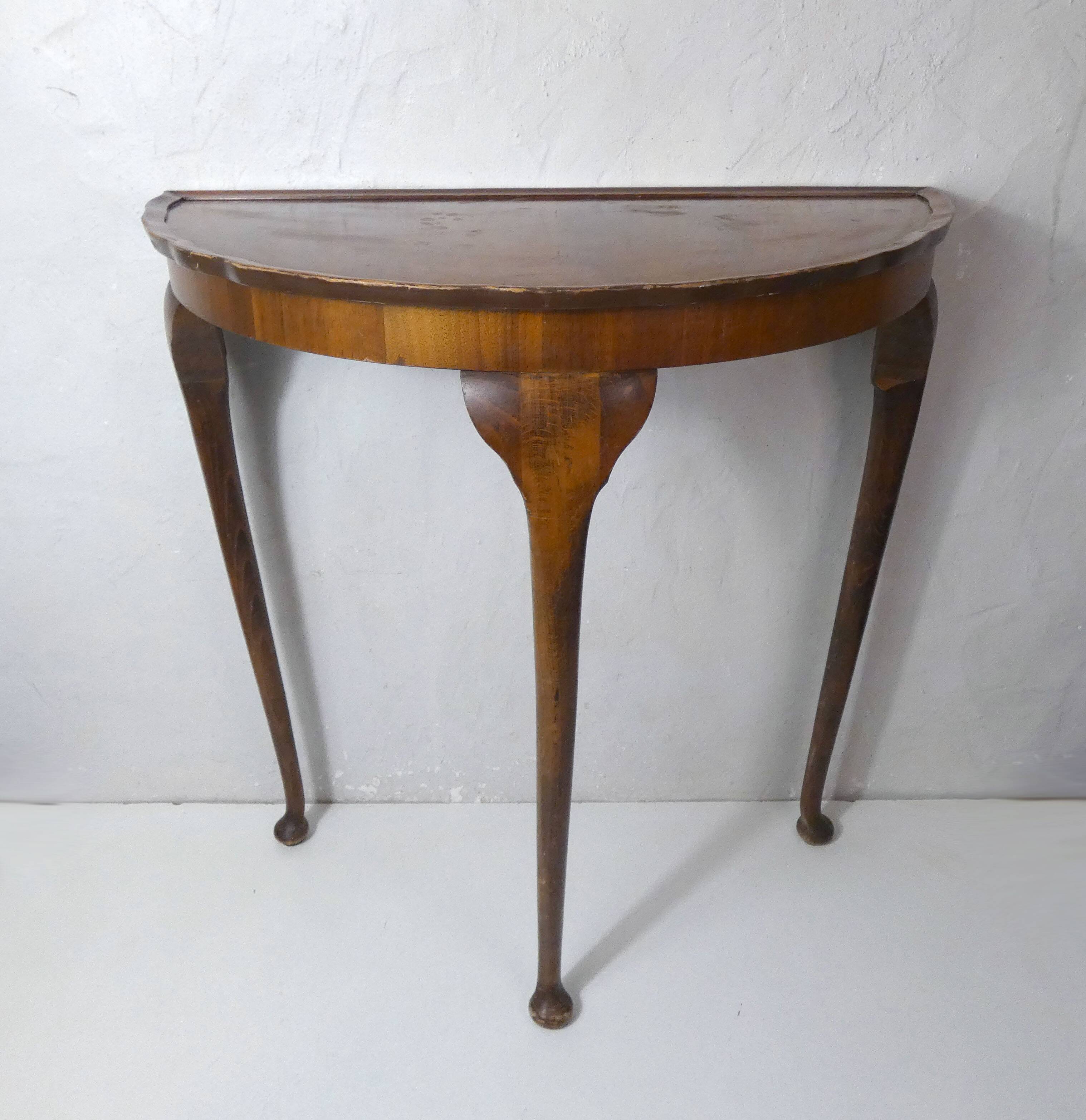 Old wooden half moon tripod console side table