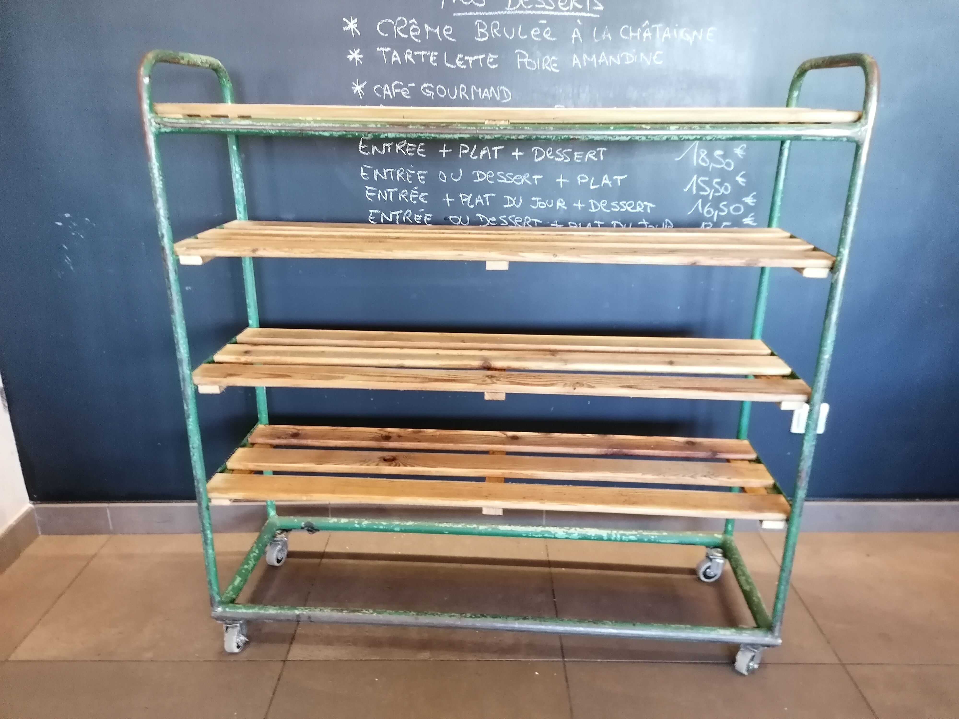 Steel and wooden shelf on wheels