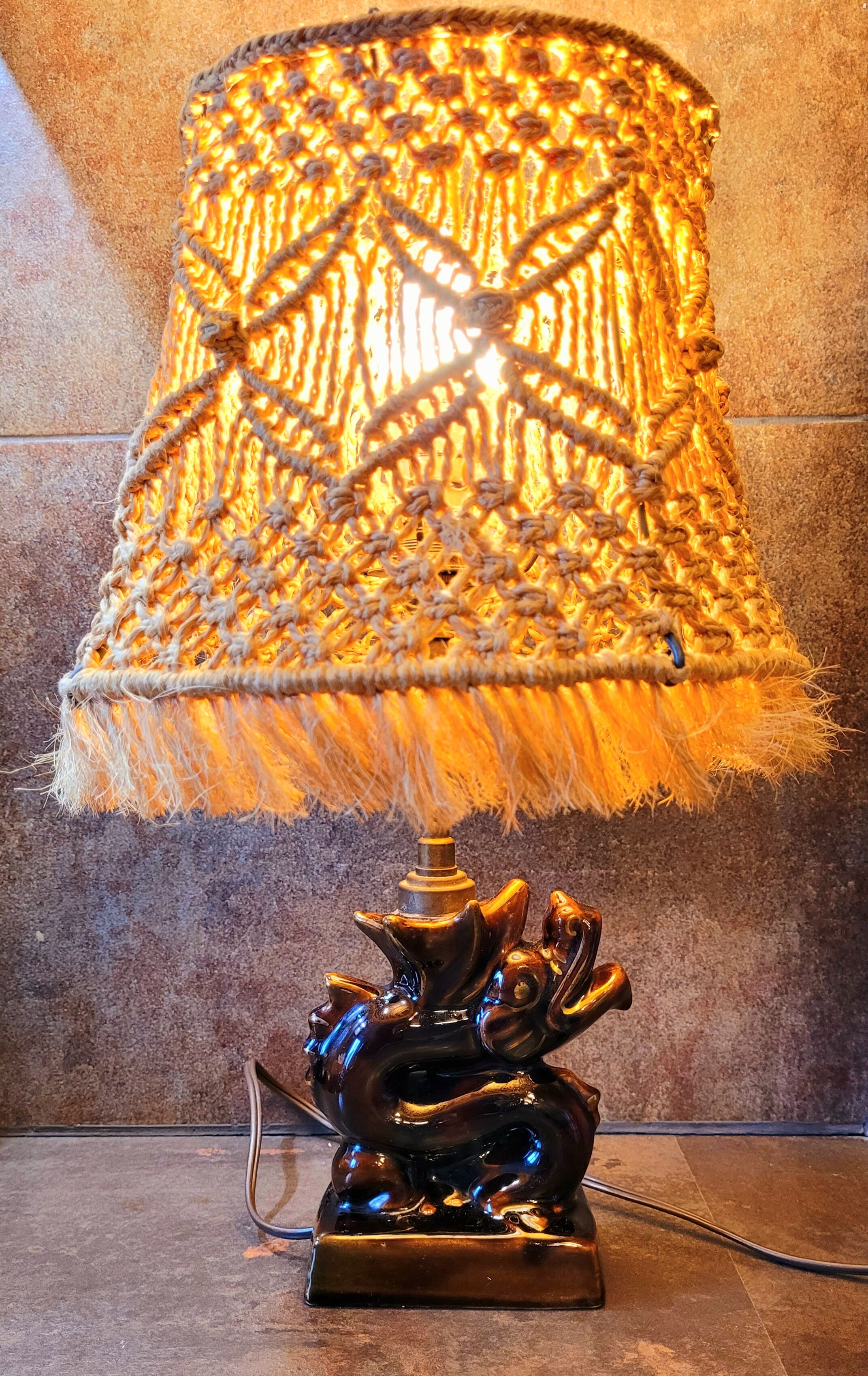 Old vintage ceramic lamp and rope lampshade 40s 50s