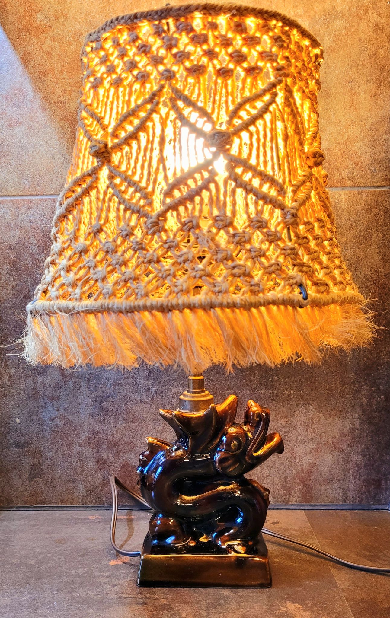 Old vintage ceramic lamp and rope lampshade 40s 50s