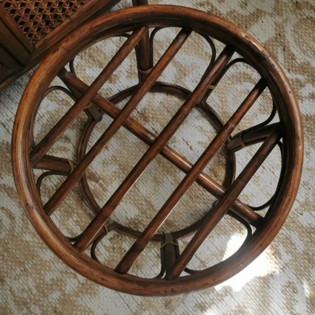 Vintage 70s rattan pouf stool with terry cushion