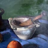 Early 20th century painting "Pot, apples and pestle"