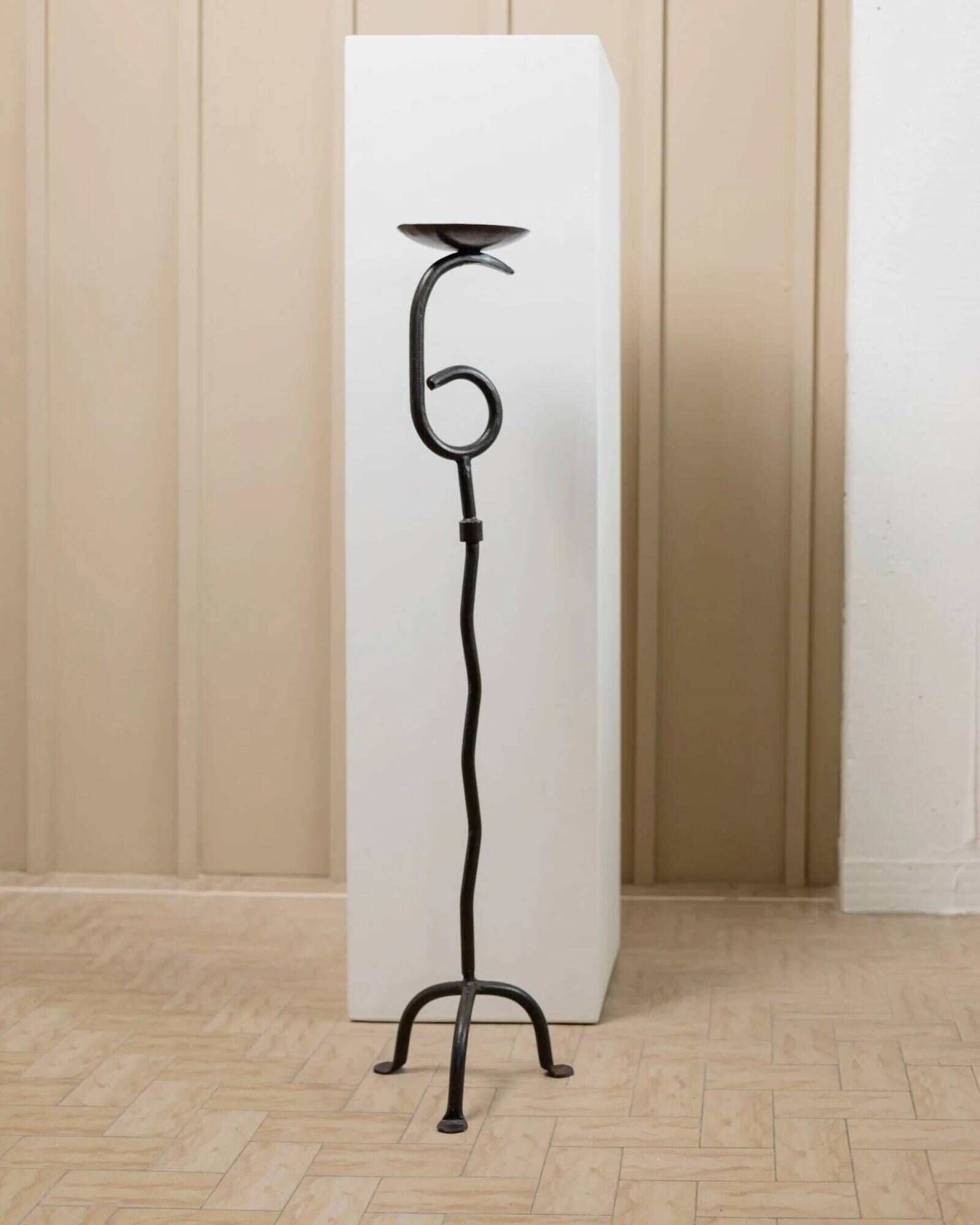 XXL vintage hand-forged iron candlestick, black iron, brutalist wave design, Made in Italy 1970s