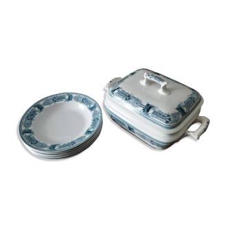 Vaisselle Art Nouveau terre de fer CM&C Massena. Soupière et assiettes.