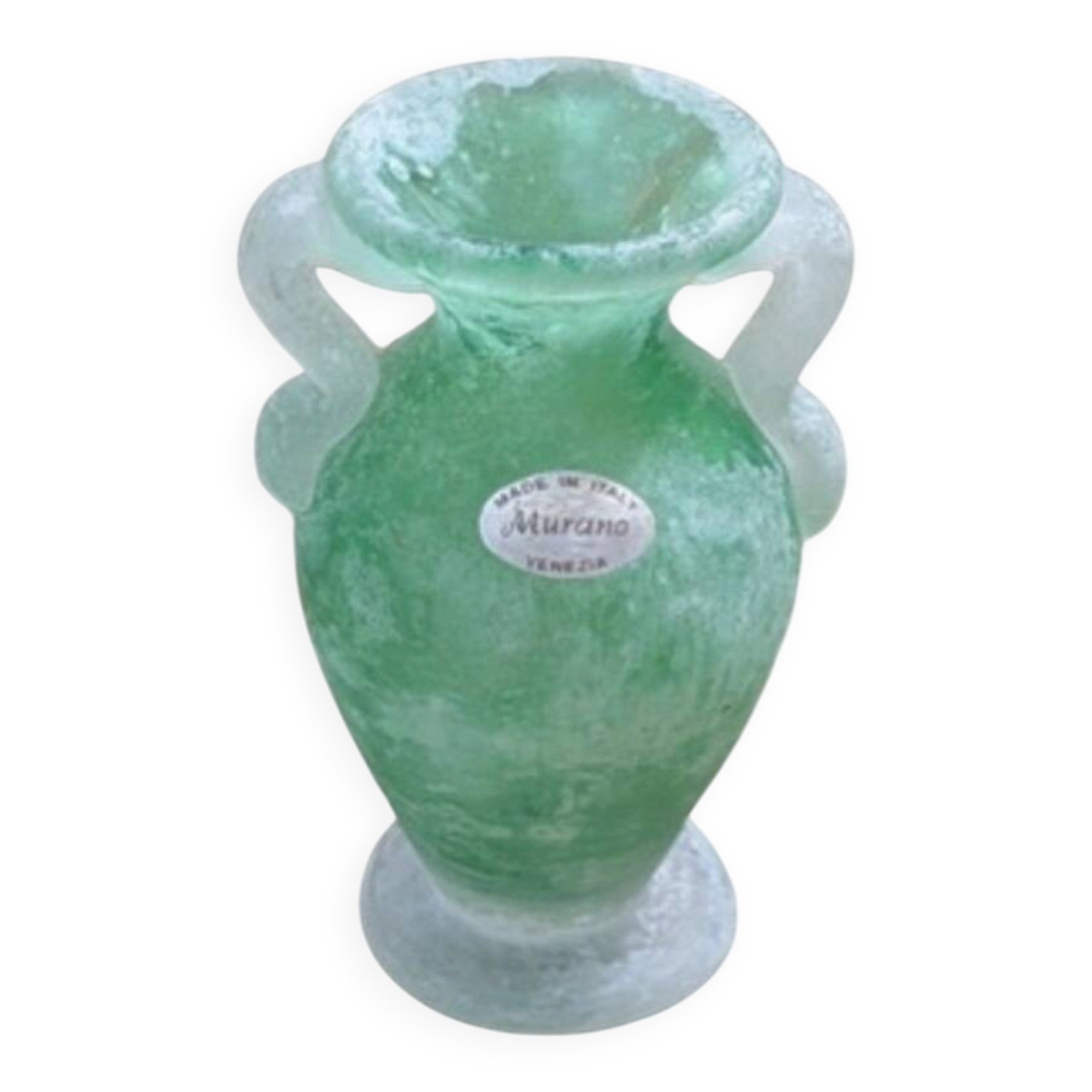 Small green Murano vase with handles – blown glass - "scavo" type