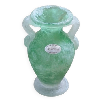 Murano green vase with handles – blown glass - "scavo" type